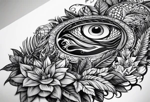 full arm sleeve tattoo with all-seeing eye and jungle plants tattoo idea