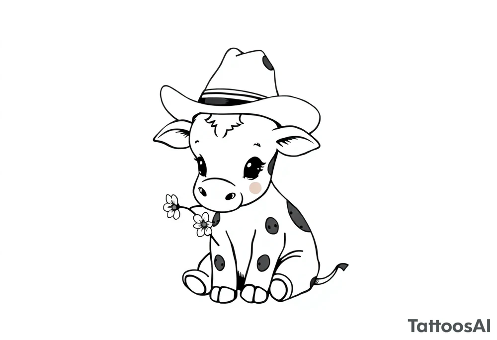 cute black and white baby cow sitting wearing a cowboy hat with a flower in mouth tattoo idea