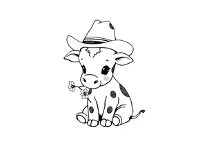 cute black and white baby cow sitting wearing a cowboy hat with a flower in mouth tattoo idea