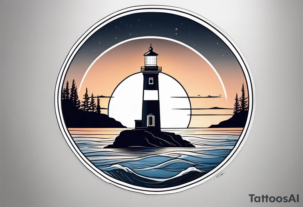 lighthouse a bit realist, evening, circle framed and sea tattoo idea