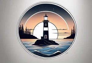 lighthouse a bit realist, evening, circle framed and sea tattoo idea
