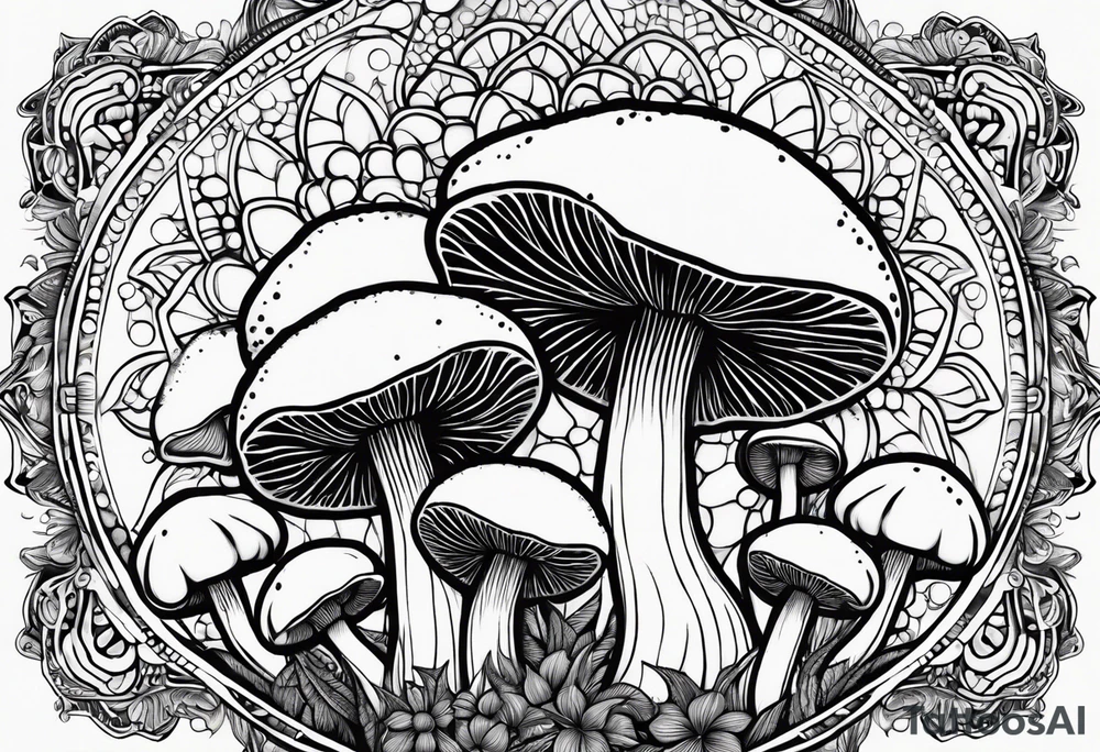 Large Shaggy cap mushroom dripping ink off cap with 4 smaller mushrooms around it mandala henna black tattoo design tattoo idea