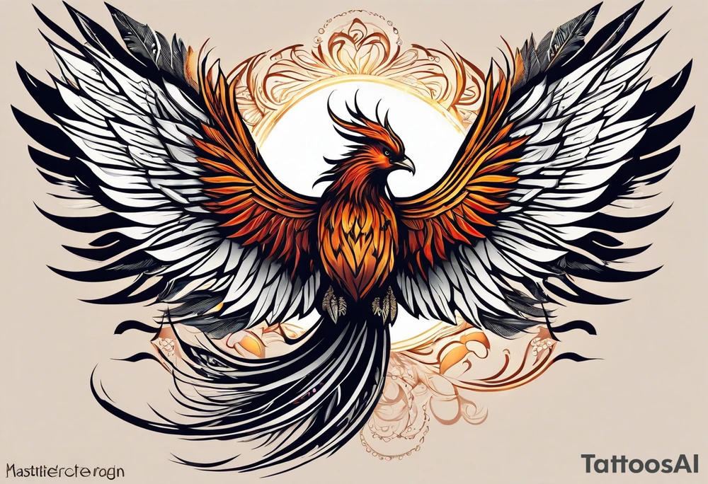 Tattoo: A powerful, majestic phoenix, depicted mid-flight or rising, with wings extended and feathers flowing. Deep shading and intricate details to bring out the texture and motion of the feathers. tattoo idea