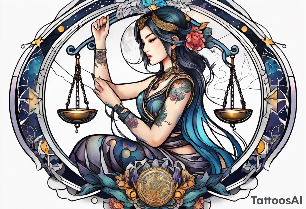 Libra woman holding scales with a night zodiac background including a half moon that encircles half of the woman tattoo idea