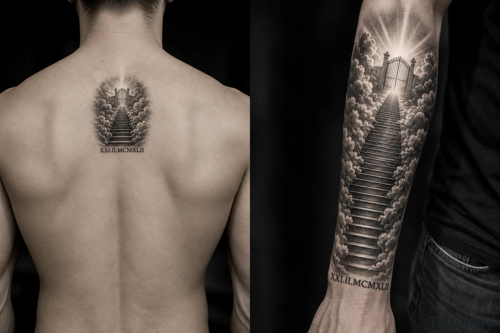 Stairway to heaven, with clouds surrounding the stairs, and the gate being at the top. A date, below the stairs, in Roman numerals 21.02.1942. The tattoo is going on the forearm, but the outside part. Also, it should be realistic, and through the whole forearm. tattoo idea