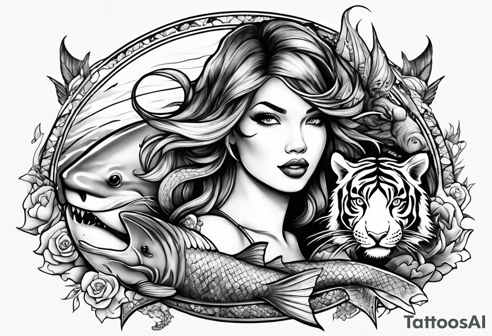 Mermaid with great white shark and tiger shark tattoo idea