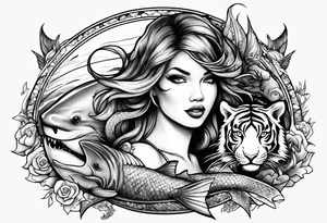 Mermaid with great white shark and tiger shark tattoo idea