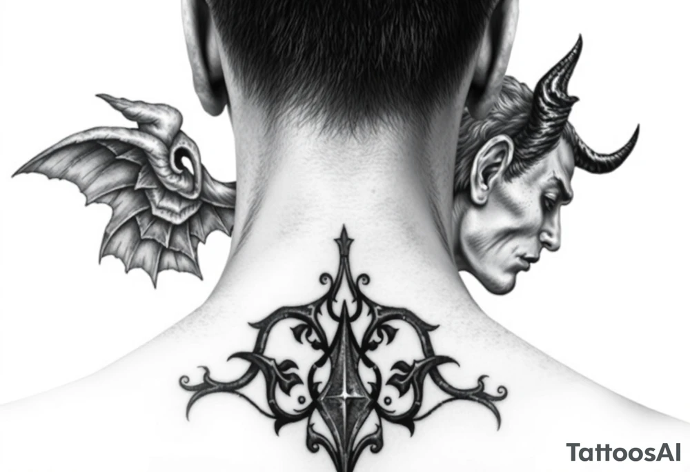position behind the neck Angel (on the right) whispering in the right ear, demon (on the left) whispering in the left ear. It must be as realistic as possible. tattoo idea