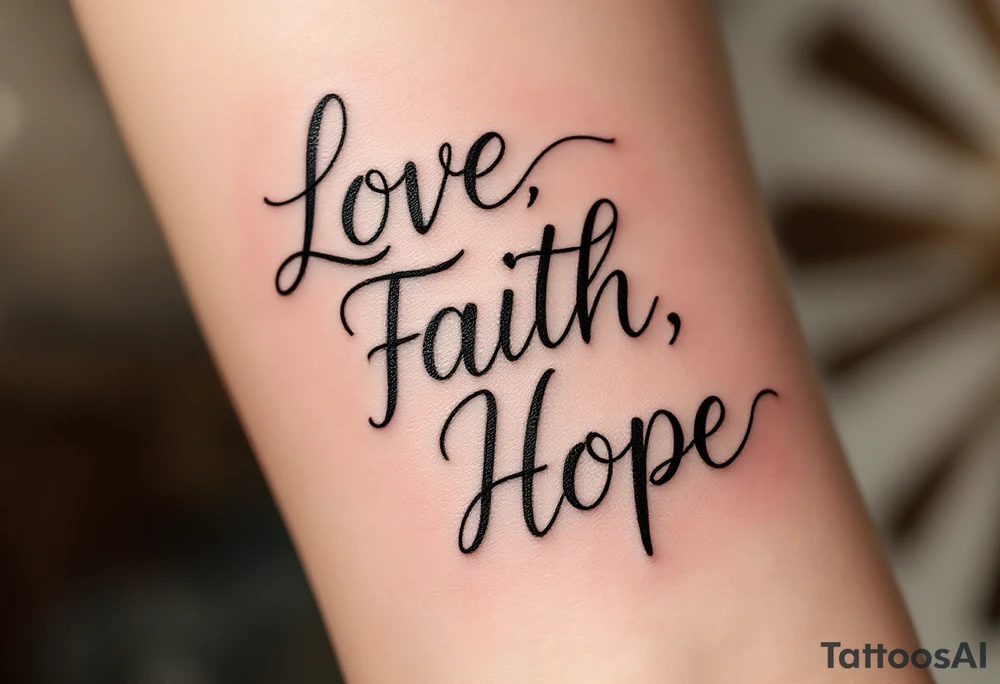 "Love, Faith, Hope" tattooed on the forearm in black serif font with thin gold underlines for emphasis. tattoo idea