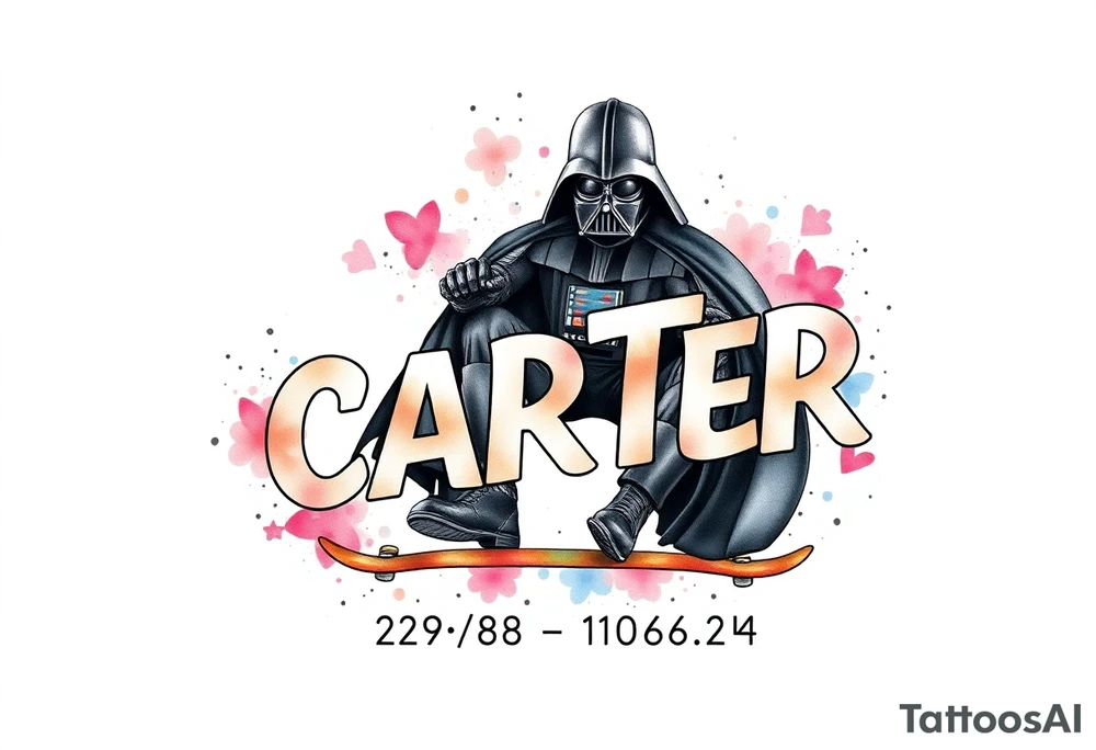 Skateboarding Darth Vader
WORDS in star wars font "Darth Carter"
12/29/88-01/06/24 tattoo idea