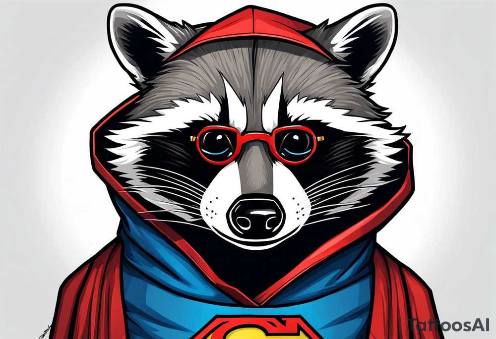 raccoon wearing a Superman hoodie tattoo idea