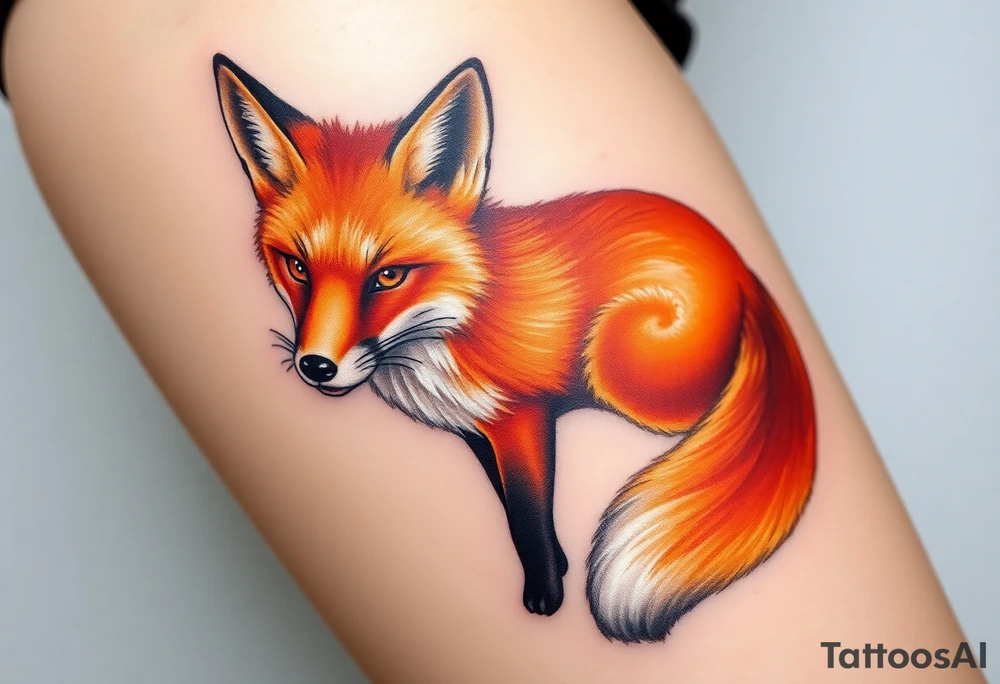 A gracefully detailed fox tattoo, with a rich, fiery orange coat transitioning into deep copper and golden highlights. The fox’s chest and tail tip are a soft, snowy white, blending seamlessly into the fur’s natural texture. Its piercing amber eyes. tattoo idea