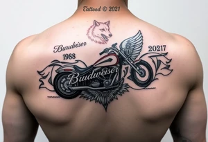 Dale Earnhardt car on it with the year 1958 - 2021 intertwined with a motorcycle with a Budweiser logo on it with a guardian angel wolf tattoo idea