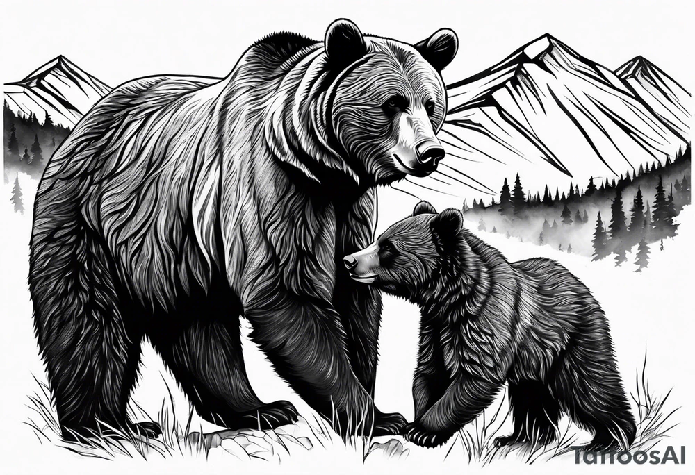 mamma bear and cub with mountains tattoo idea