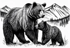 mamma bear and cub with mountains tattoo idea