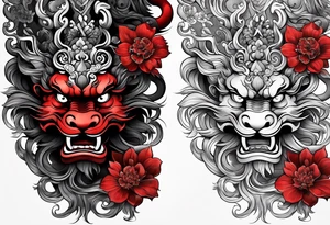 Sleeve tattoo 
Black and white, grey with red and scarlet accent. Japanese Shisa Okinawa beside Thai yak/giant and Thai naga. tattoo idea
