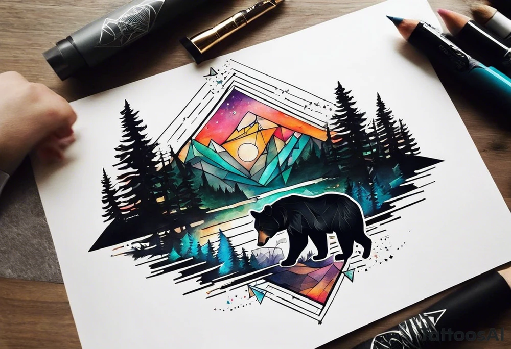 Create a sleeve tattoo from shoulder to wrist. The design should include space, stars, forest, sunset, mountains, cliffs, waterfall, water, ocean, wild animals (bear, wolves, elephant), and inserts of triangles and geometric figures. I have two children – a son, Sergei (the eldest), and a daughter, Anna, who live with me and my wife. But I also have another daughter, Marianna, whom I haven't seen for a long time and eagerly await to meet. The tattoo should symbolize love and protection for my children and family, the desire to secure their future, and confidence in tomorrow. It should reflect the notion of not looking back, but always moving forward and achieving goals! tattoo idea