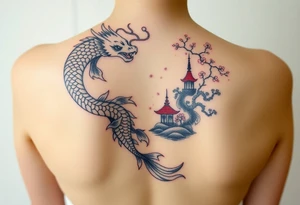 Dragon, coi fish, cherry blossom tree, ying yang, light house, landscape, water tattoo idea