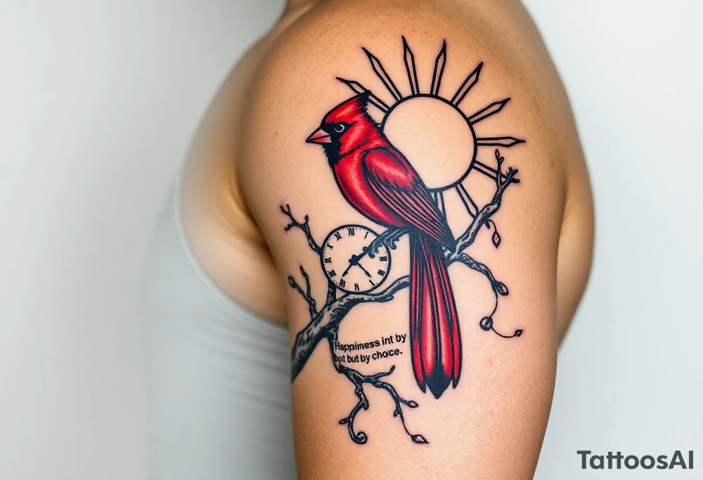 Create an image for a half sleeve tattoo on the right arm of a man.  The tattoo should incorporate a red cardinal bird on a tree branch with a sun and a clock.  It should also incorporate a quote of "Happiness is not by chance but by choice". tattoo idea