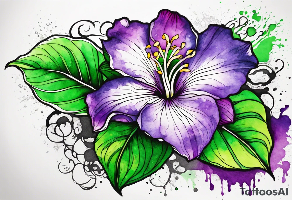 A mystical outline of a rio dipladenia flower with green/purple pedals and a green/purple watercolor splash in the background tattoo idea