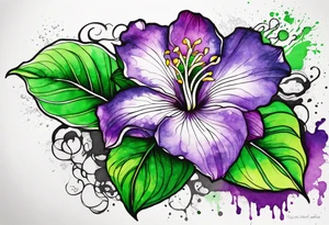 A mystical outline of a rio dipladenia flower with green/purple pedals and a green/purple watercolor splash in the background tattoo idea