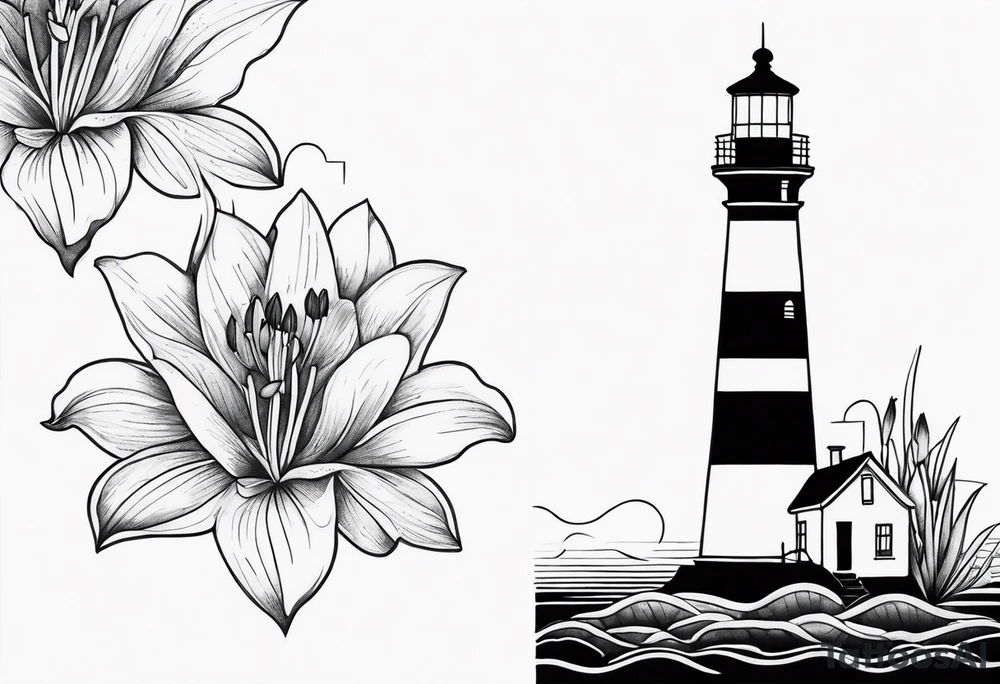 A light house with a lily at the bottom tattoo idea