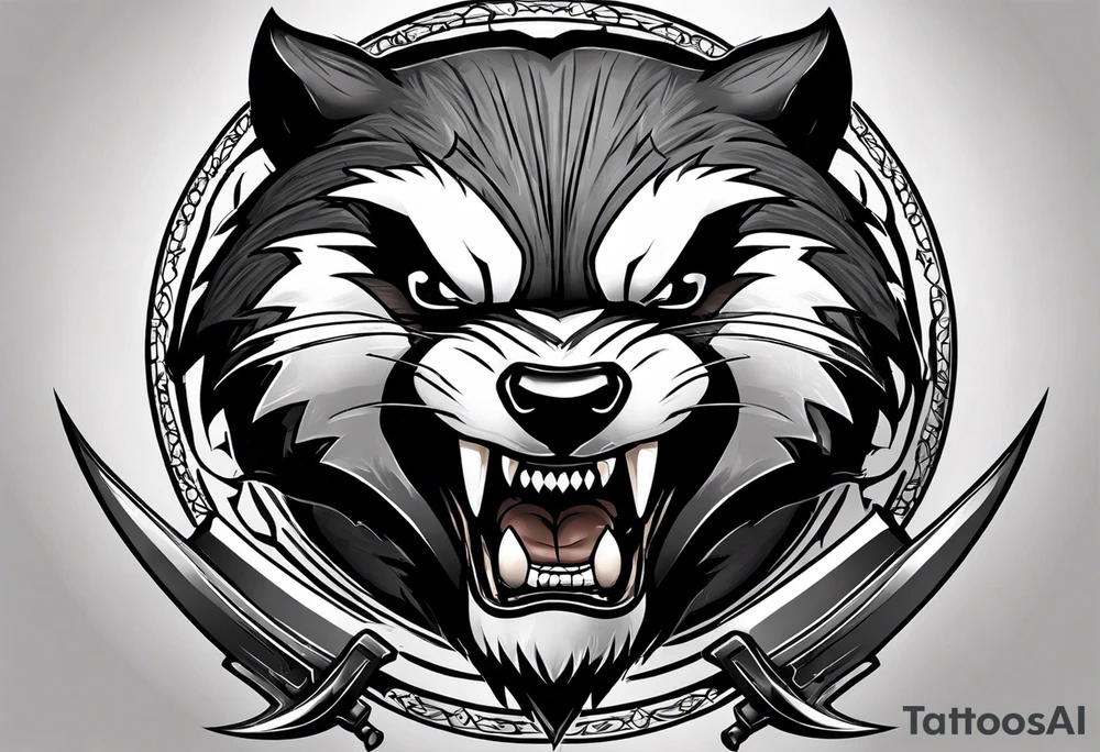 Draw me badger/wolverine with aggressive full body show, killer face with cute smile, very long nails and he attacks like a Turkish Soldier to enemy and also he has very deadly looking. The only weapon is his braveness he fights with his nails. tattoo idea