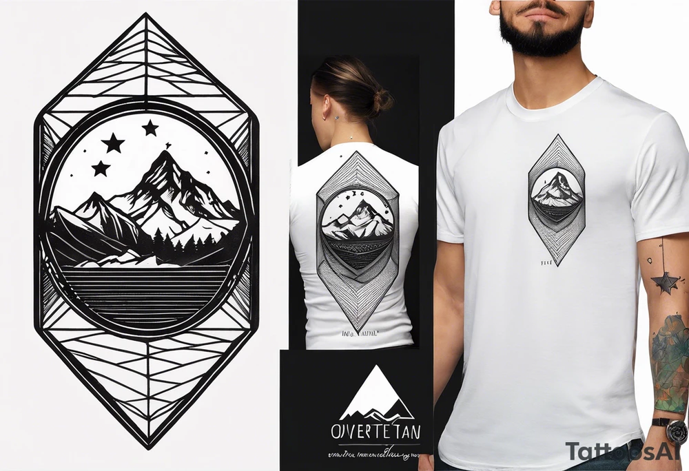 Übersetzter Text
tattoo fineline style, black, no fill, säntis mountain massif, water wave, a large semi-circle with two small colored stars frames the mountain peak, an open diamond as a geometric shape with dashed lines surrounds everything with the water overhanging the diamond, tattoo idea