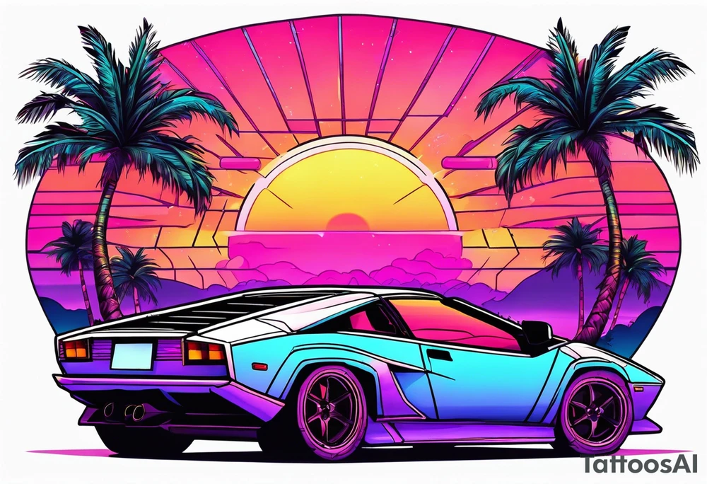 Synthwave tattoo with palm trees and an old lamborghini driving in front of the sun tattoo idea