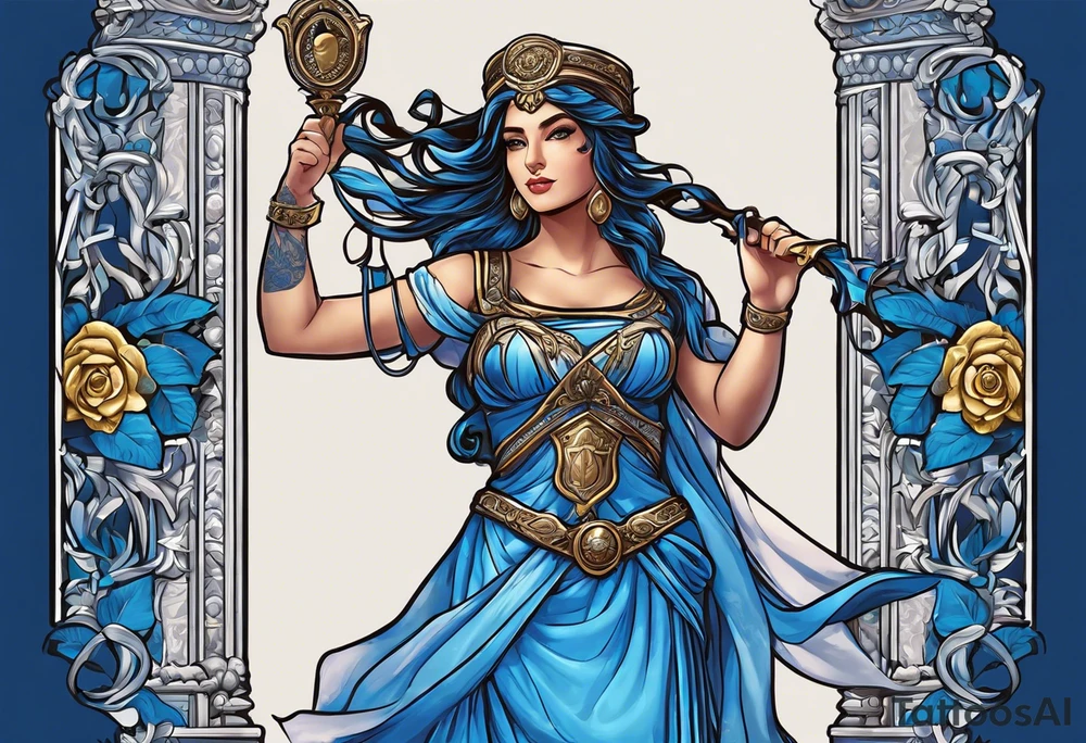 ancient rome clothes ,women,,ancient scale in one hand, blue rose frames, ladies justicia ,keeps  scale tattoo idea