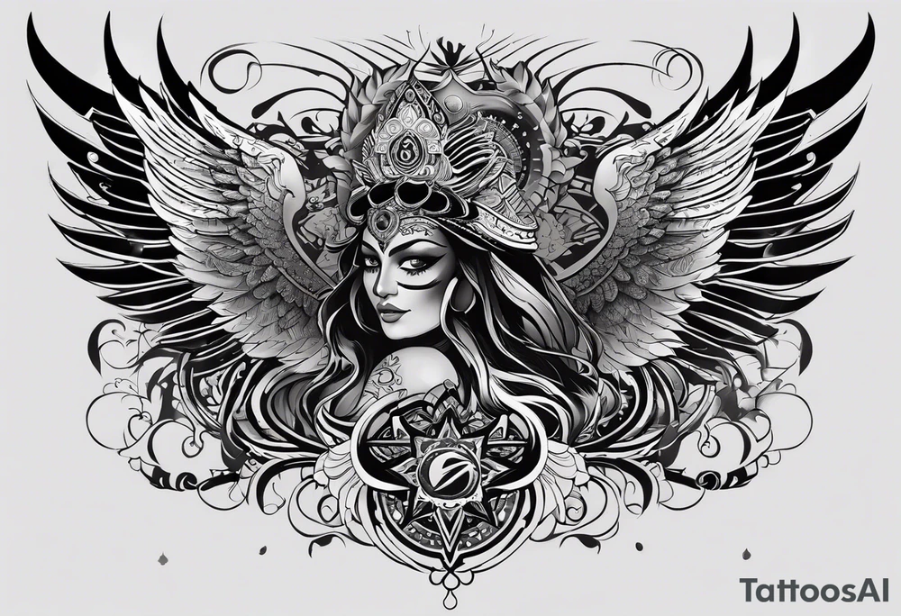black kali, goddess pirate, alien, angel, pachamama, valkrye, warrior, flying, skull, lotus azul, wing, eagle, zenza resonance, stars, 5D, anahata chakra, death, durga, riding on a tiger, flying lady tattoo idea