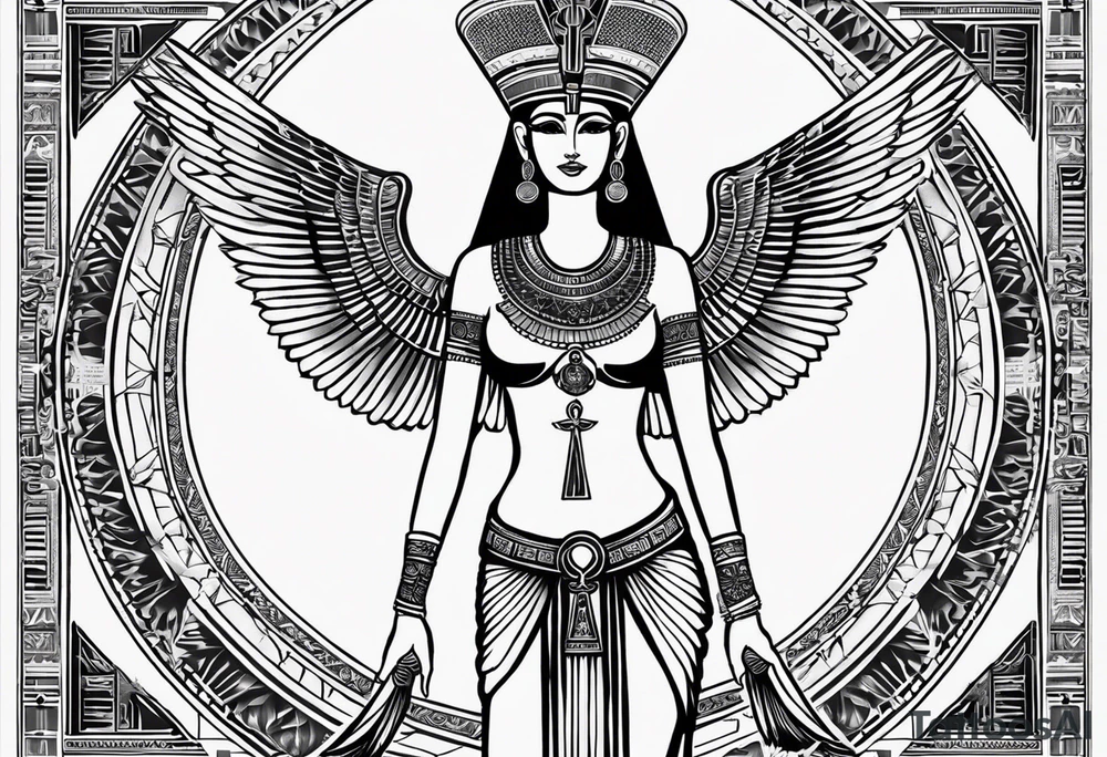 blank and white Egyptian goddess Isis, who is often depicted as a woman with outstretched wings, holding an ankh (a symbol of life) in one hand and a lotus flower in the other. Her headdress often includes a throne or a solar disk. The tattoo design can vary in style and size, but it typically aims to capture the essence of this revered Egyptian deity, emphasizing her beauty, power, and maternal qualities. The choice of colors and additional elements can also be customized to create a unique and visually striking representation of the goddess Isis tattoo idea