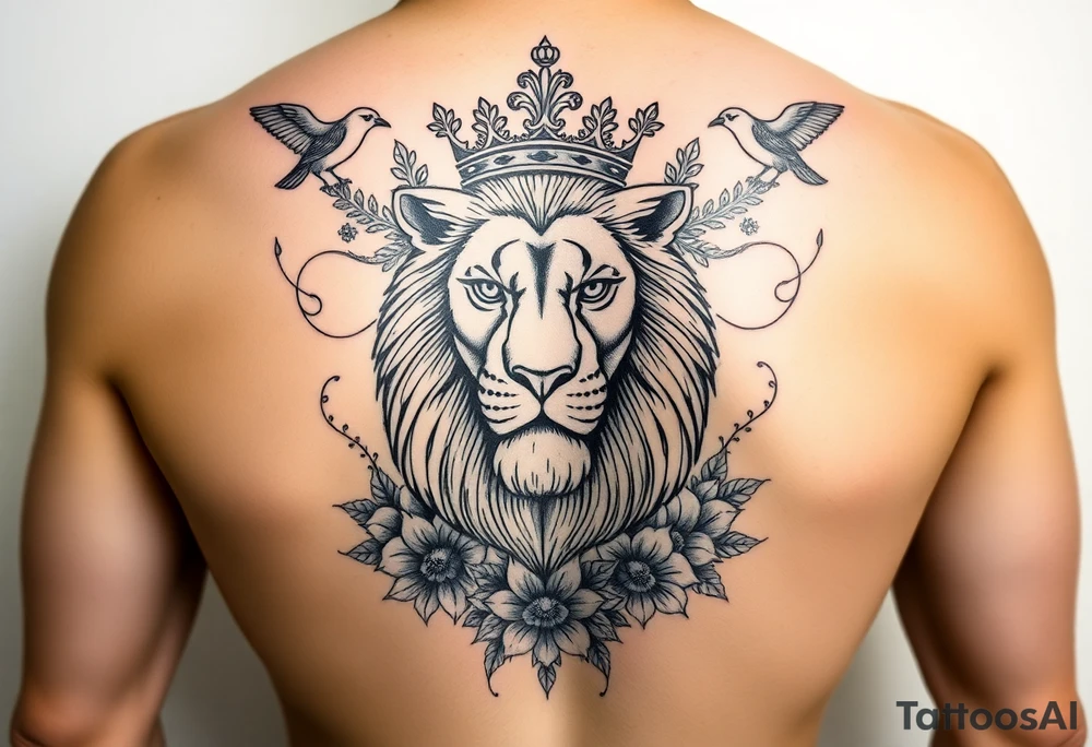 powerful majestic lion with a crown, surrounded by floral ornaments and birds tattoo idea