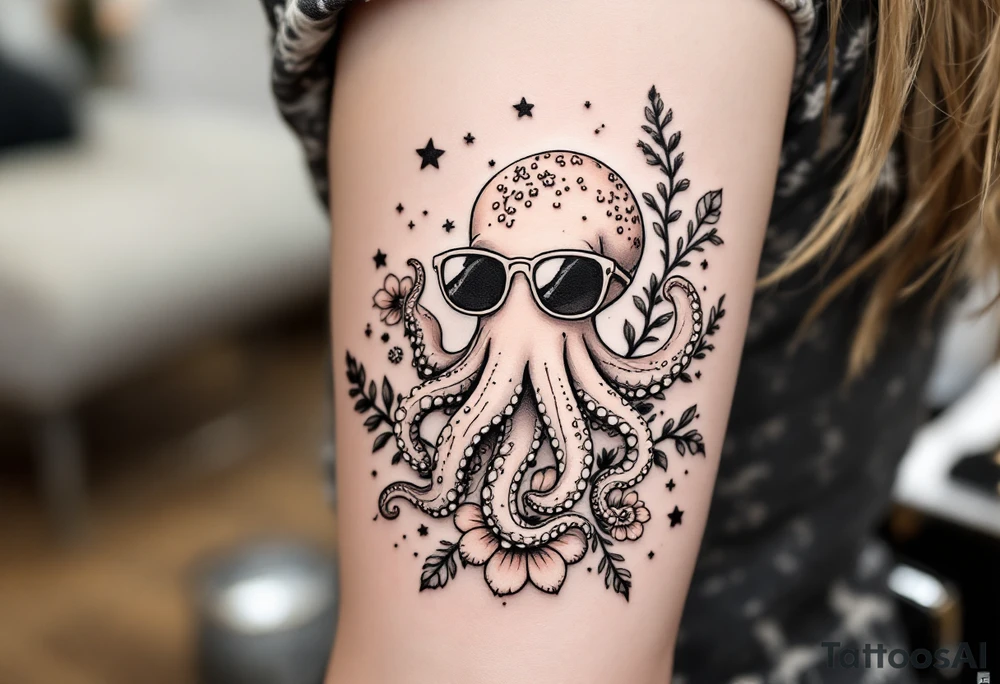 cute octopus, wearing sunglasses, friendly, surrounded by floral ornaments and oceanic items tattoo idea