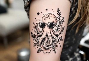 cute octopus, wearing sunglasses, friendly, surrounded by floral ornaments and oceanic items tattoo idea