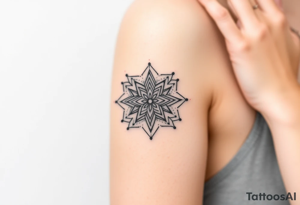 simple, fine-line tattoo, sacred geometry mandala, centerpiece design, dotwork patterns, radiating geometry, symmetrical mandala, geometric shapes, intricate dotwork, sacred patterns, mandala center, geometric radiating, fine line work, black grey shading, minimalist design, no outlines, arm placement, delicate linework, precise geometry, clean symmetry, sacred symbols, geometric precision, dotwork details, mandala focal point, refined patterns, understated complexity, geometric harmony tattoo idea
