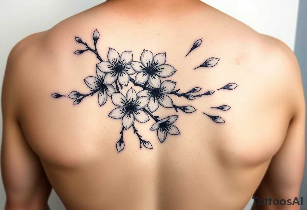 delicate cherry blossoms swirling in spring breeze with petals tattoo idea