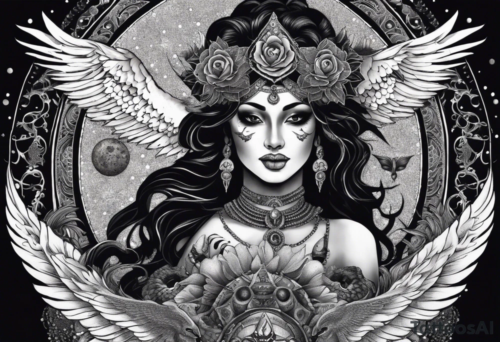 black kali, goddess pirate, alien, angel, pachamama, valkrye, warrior, flying, skull, lotus azul, wing, eagle, zenza resonance, stars, 5D, anahata chakra, death, durga, riding on a tiger, flying lady, kundalini, chest tatoo, samuri, rebel, serpent tattoo idea