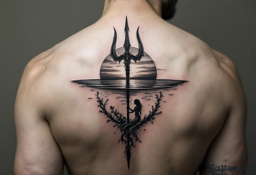 trident half way under calm water with sunset and mermaid tattoo idea