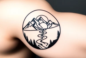 mountains. river and sunrise, let it all be inside one circle. draw a line and divide the circle into two parts, let one part be like day and the other part like night tattoo idea