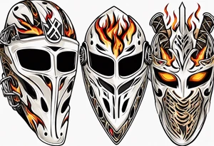 "SHOT HOCKEY" goalie mask with crossed hockey sticks and flames tattoo idea