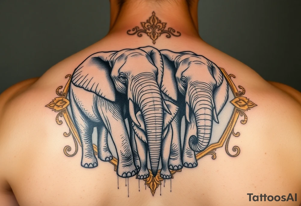 couple of elphants, a mother and a child
 facing foward tangling their trunks
sorrounded by a golden  art frame with beautiful design tattoo idea