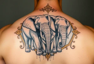 couple of elphants, a mother and a child
 facing foward tangling their trunks
sorrounded by a golden  art frame with beautiful design tattoo idea