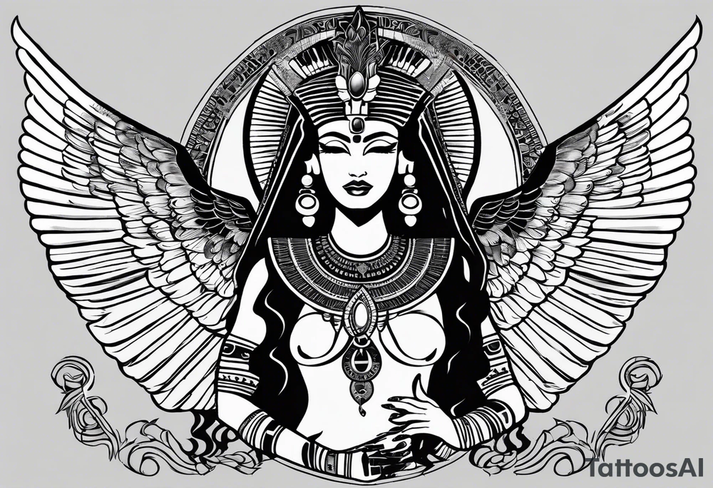 black and white Egyptian goddess Isis, who is often depicted as a woman with outstretched wings, holding an ankh (a symbol of life) in one hand and a lotus flower in the other. Her headdress often includes a throne or a solar disk. The tattoo design can vary in style and size, but it typically aims to capture the essence of this revered Egyptian deity, emphasizing her beauty, power, and maternal qualities. The choice of colors and additional elements can also be customized to create a unique and visually striking representation of the goddess Isis tattoo idea