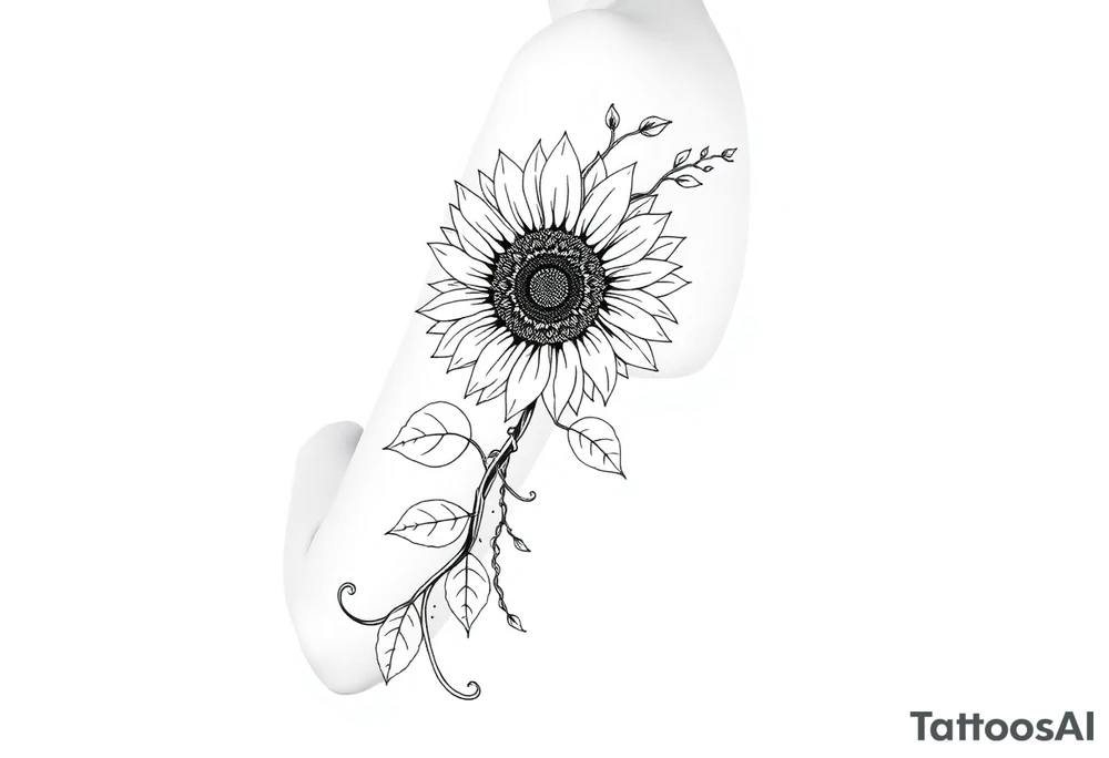 Stylized sunflower on a wild flowy vine with Bohemian mandalas incorporated tattoo idea