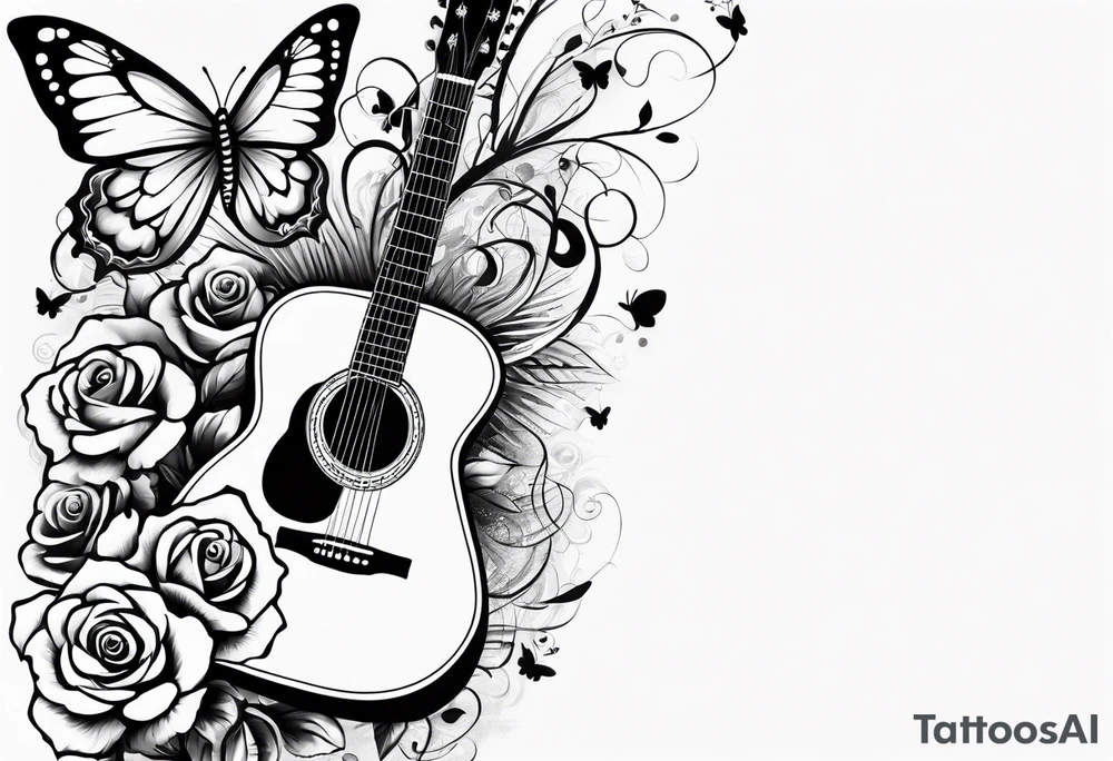 Acoustic guitar with 
roses and butterflies on the right side only tattoo idea