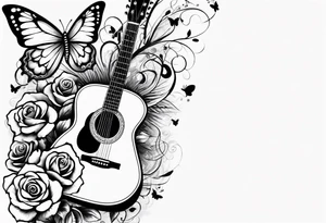 Acoustic guitar with 
roses and butterflies on the right side only tattoo idea