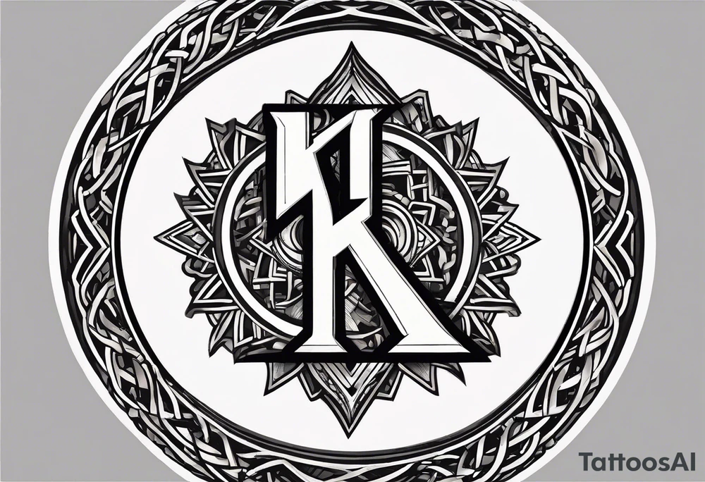 Simplistic symbol large delta inside a circle. Circle is made from chain. Shade of a letter K in a background. tattoo idea