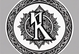 Simplistic symbol large delta inside a circle. Circle is made from chain. Shade of a letter K in a background. tattoo idea