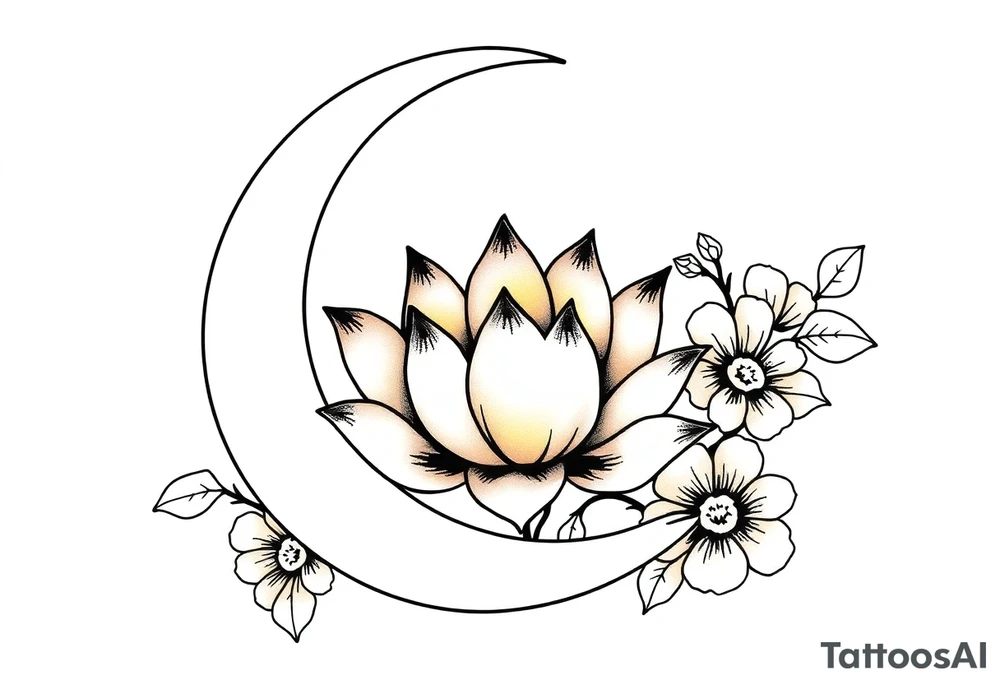 crescent floral moon with lotus flower glowing tattoo idea